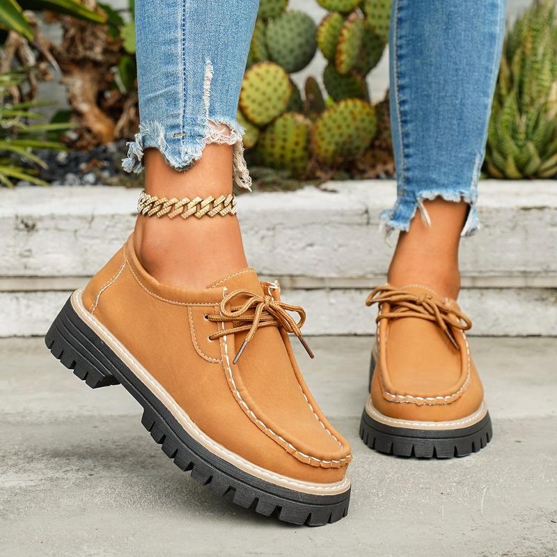 Plus Size Loafers  Fashion New Round Toe Deep Mouth Lace-up Platform Non-Slip Block Heel Single Shoes