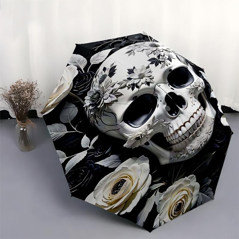 1pc Skull FlowersOpen/Close Umbrella-Windproof, Compact Travel Umbrella, Sturdy 8-Rib Shaft, Outdoor Accessory1164