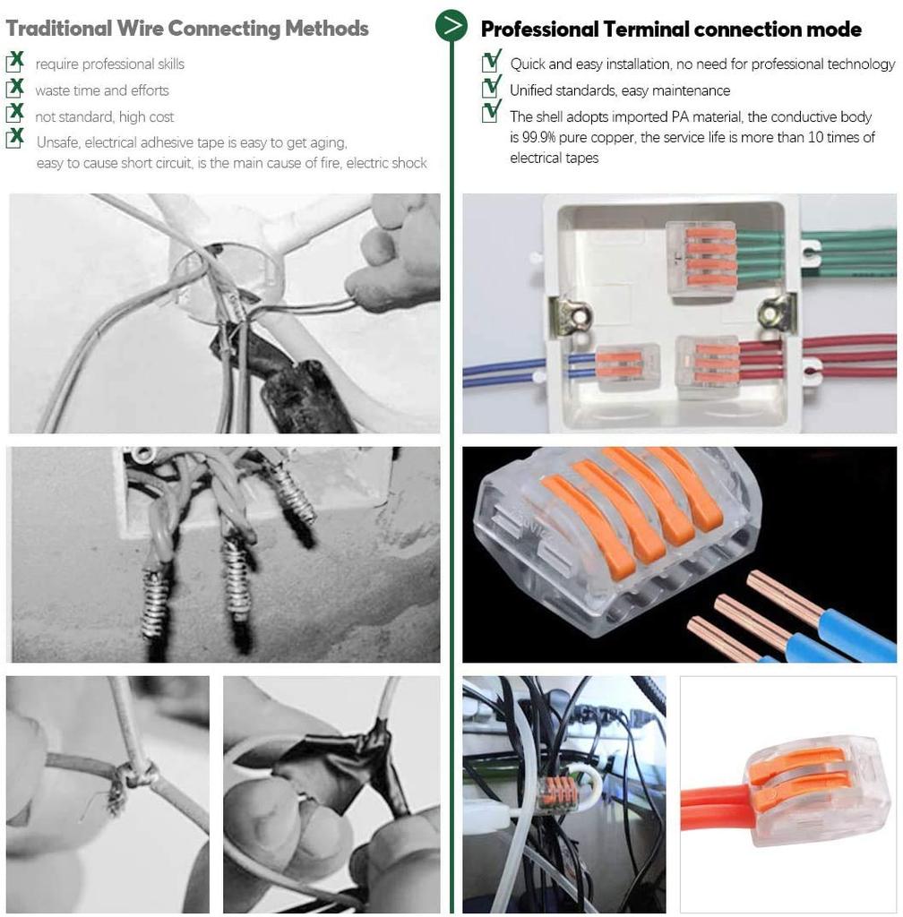 CTRICALVER Compact Splice Connectors for Stranded and Solid Wire Type 15-Piece Connectors, One-Touch Connection, 3-Hole
