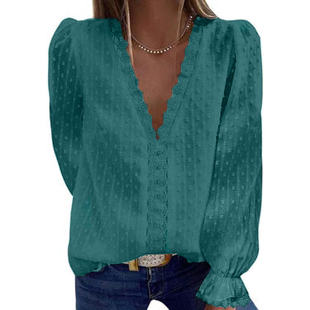 Women's Blouse V-neck Chiffon Shirt Embroidered Lace Long Sleeve Tops