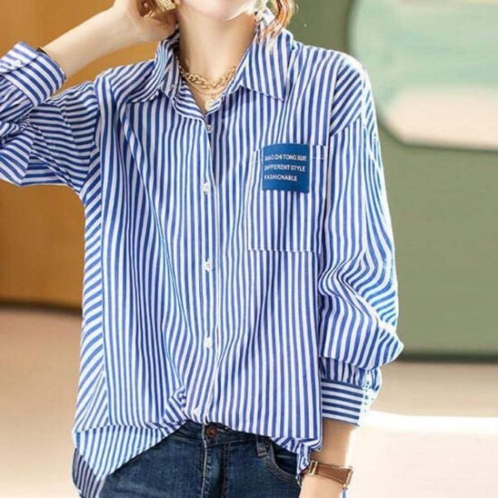 Navava Women Stripe Label Pocket Long Sleeve Shirt Nb2926