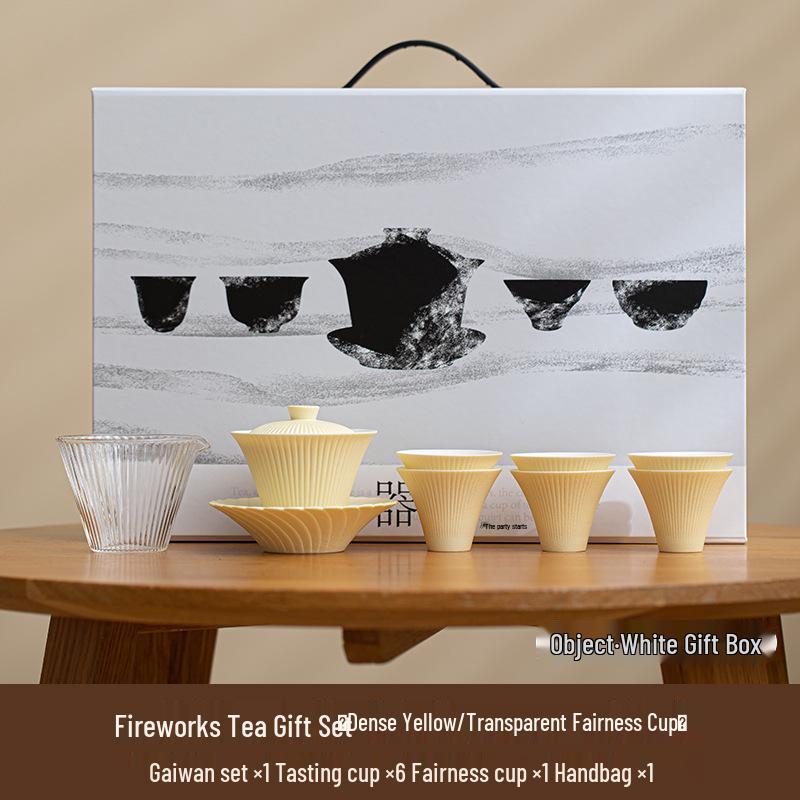 Gradient Fireworks Blooming Gaiwan Teacup Set - High-end Ceramic Kung Fu Tea Set with Gift Box for Spring Festival Souvenir
