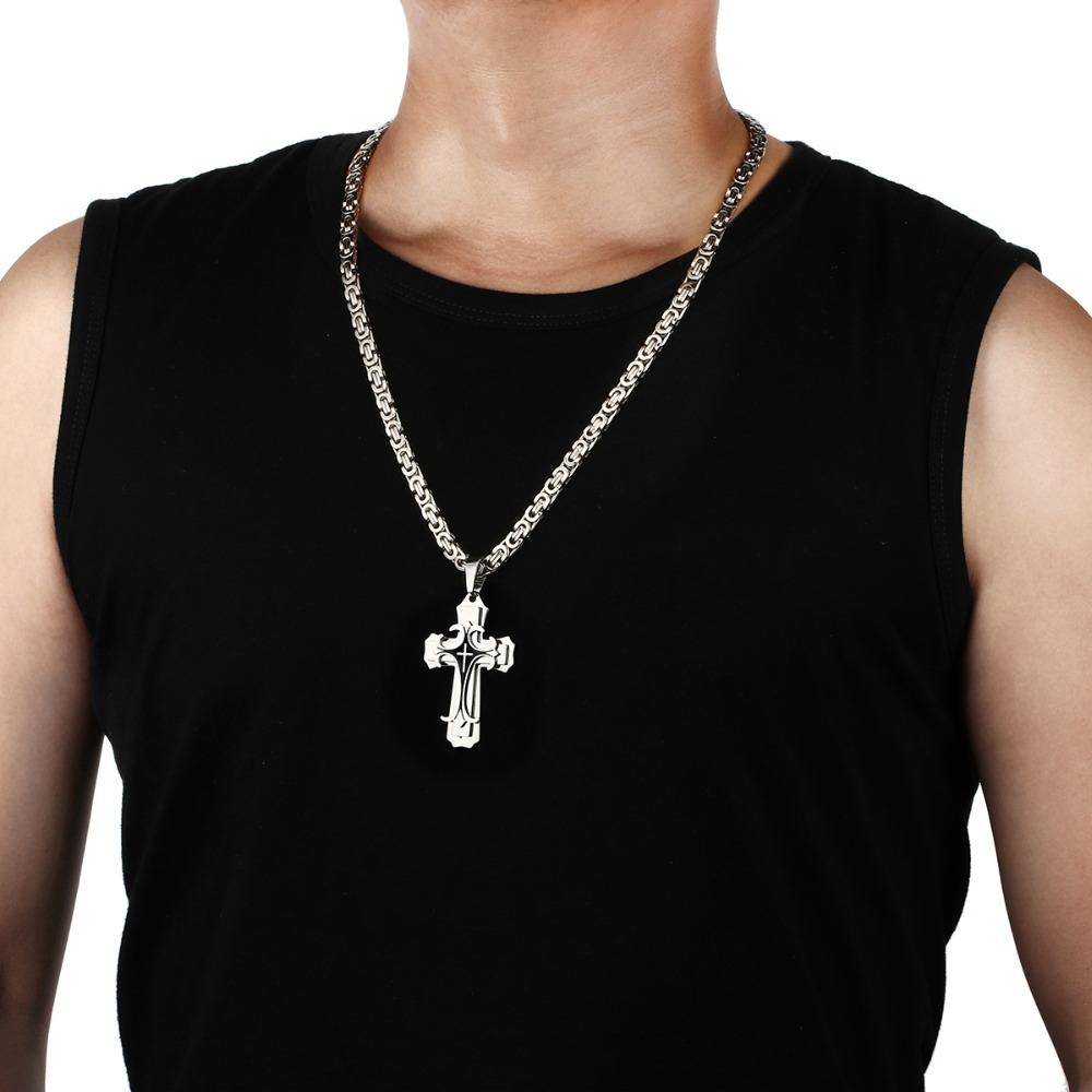 Vintage Stainless Steel Fleur-de-lis Cross Necklaces Pendants Long Byzantine Chain Necklaces Men Jewelry NC07