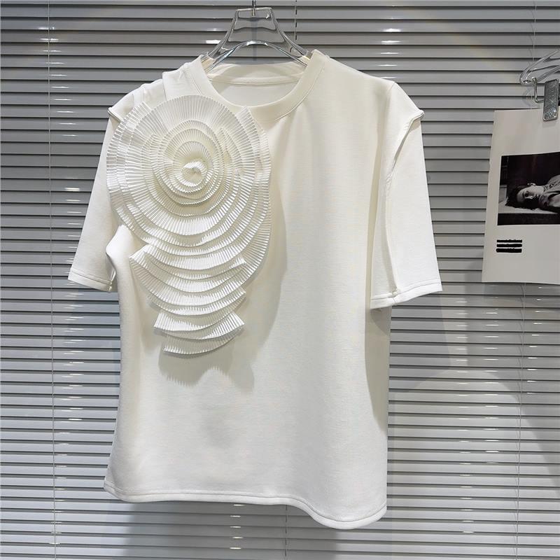 

Internet Celebrity Style 3D Pleated Floral Short-Sleeve Summer Top - Simple, Solid Color, Loose-Fit Design One Size білий