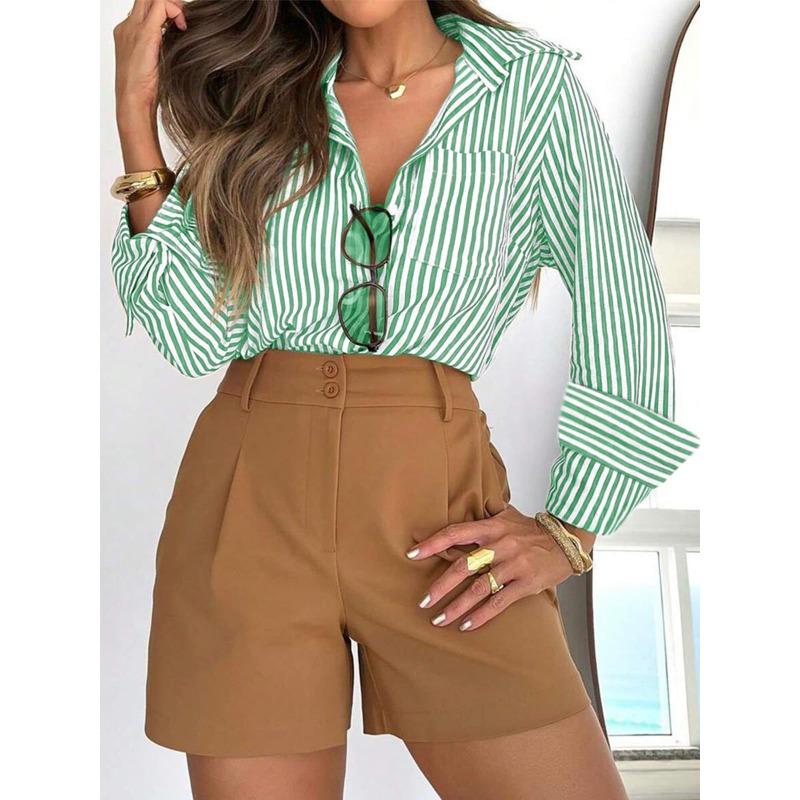 Women's Spring Autumn Striped Buttons Shirt Long Sleeve Casual Office Work Blouse Pocket Fashion Elegant Loose Simple Tops Vintage Clothing