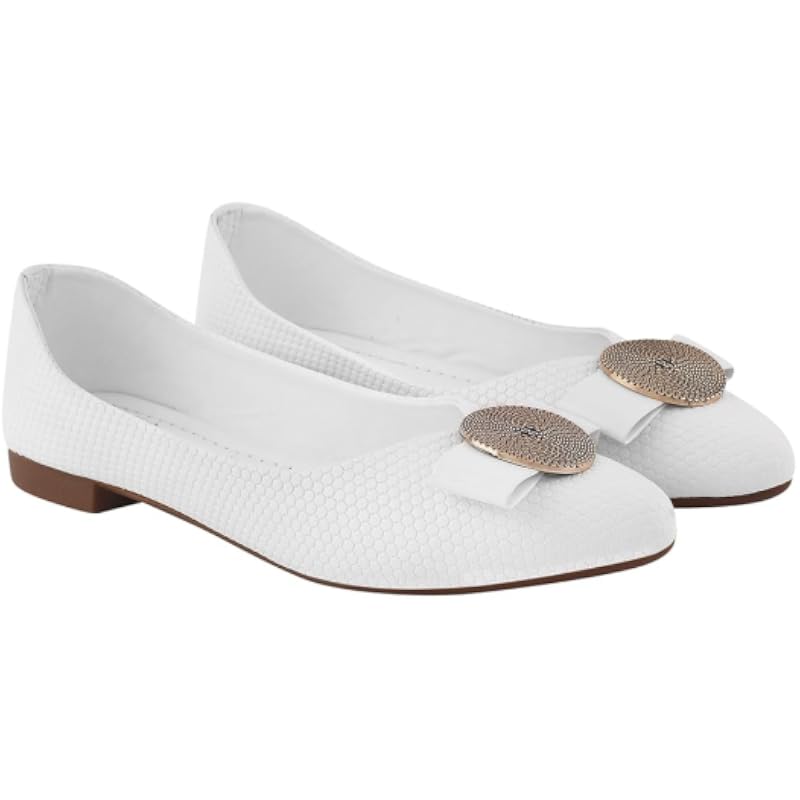 Shoetopia Women'S White Ballet Flats Textured Slip-On Bellies With Decorative Bow & Gold Button | Elegant Casual & Offi