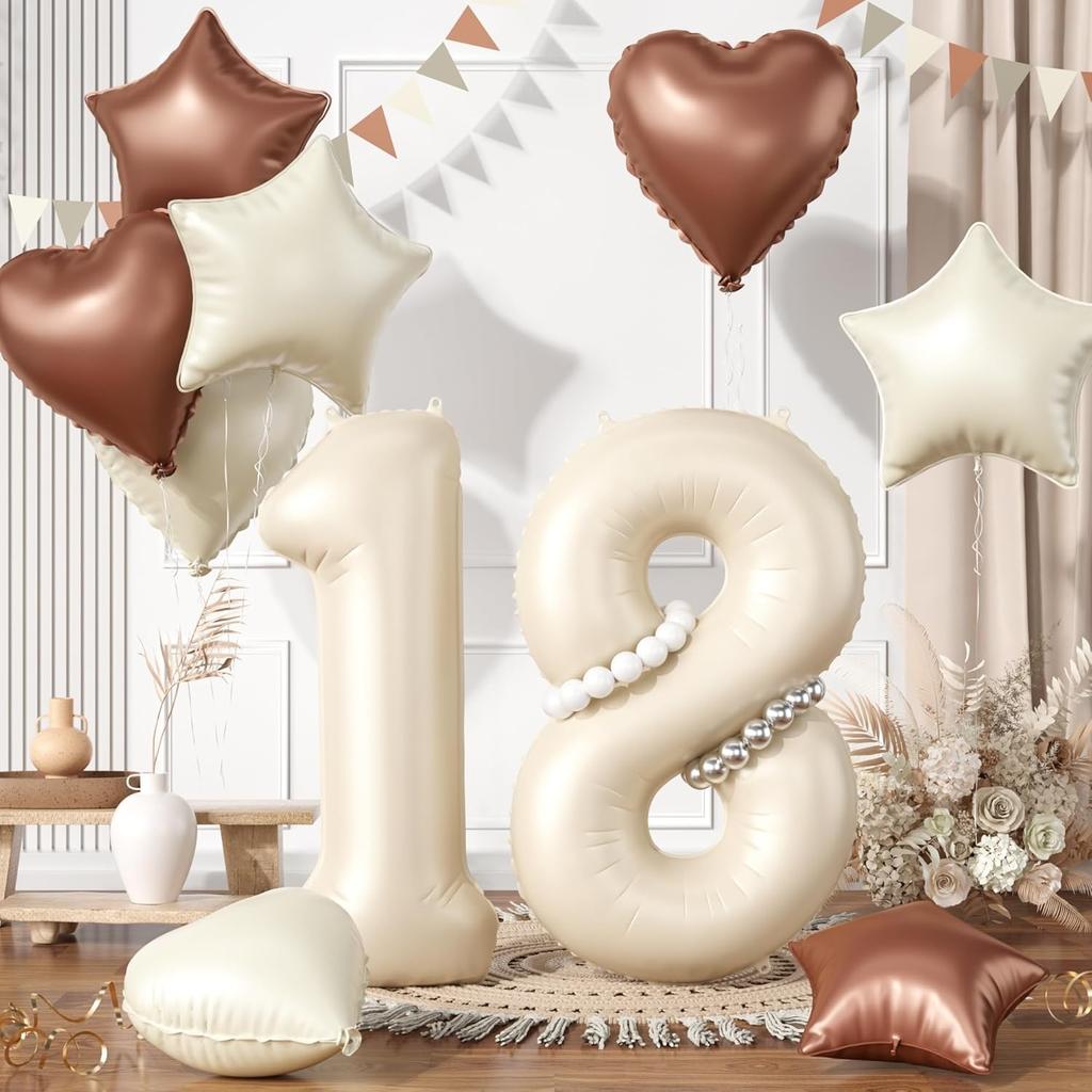 13 Pcs40inch Digital Love Pentagram Aluminum Film Balloon Set 10~21 Years Old Number Cream White Number for Birthday Party Decor