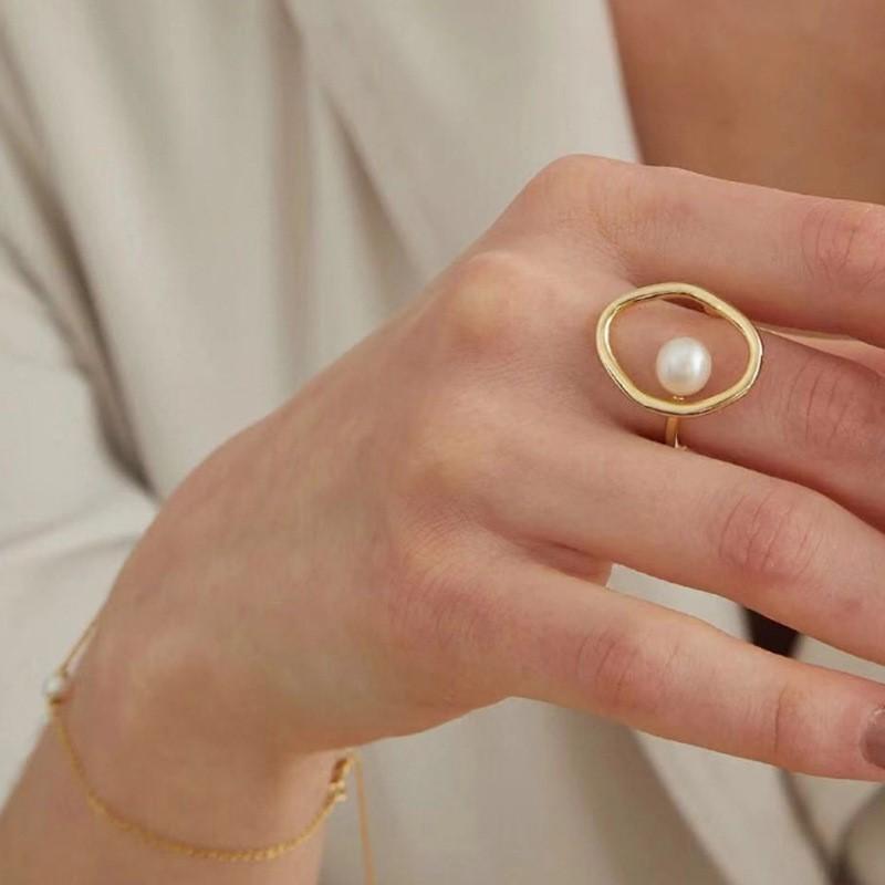 Geometric Hollow Simulated-pearl Ring for Women Silver Simple Line Open Rings Jewelry Accessory