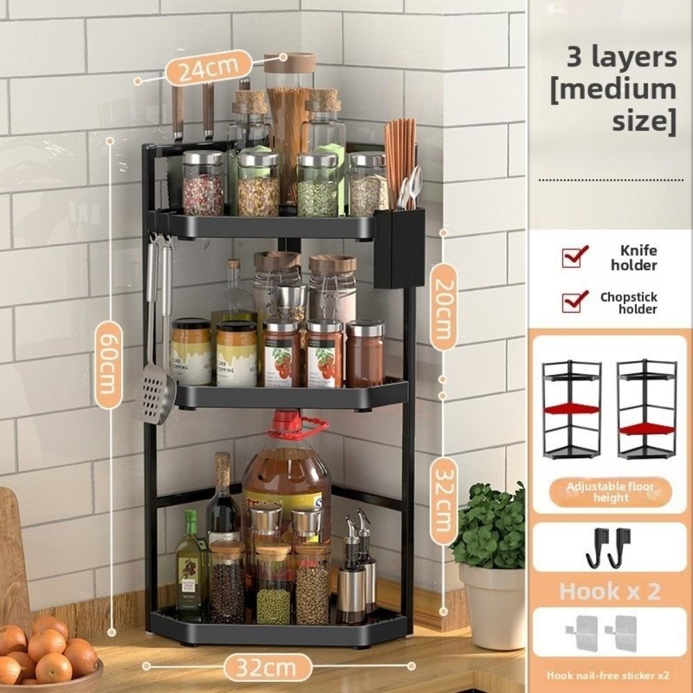 Household 2/3 Layer Condiments Rack Corner Stand with Hooks Seasoning Rack Carbon Steel Storage Rack Kitchen Organizer Supplies