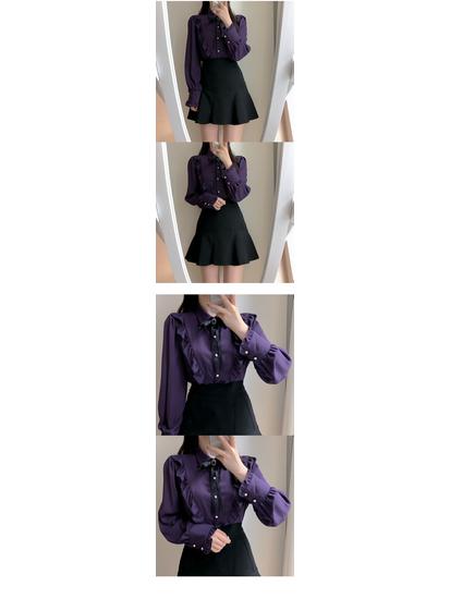 Women's Spring College Style Pearl Button Bow Ruffle Collar Blouse