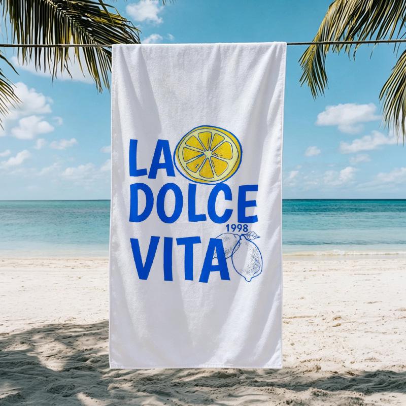 Large Quick-Drying Italian Lemon Print Towel with Blue & White Stripes - Absorbent Beach, Bath, Swim, Picnic Mat