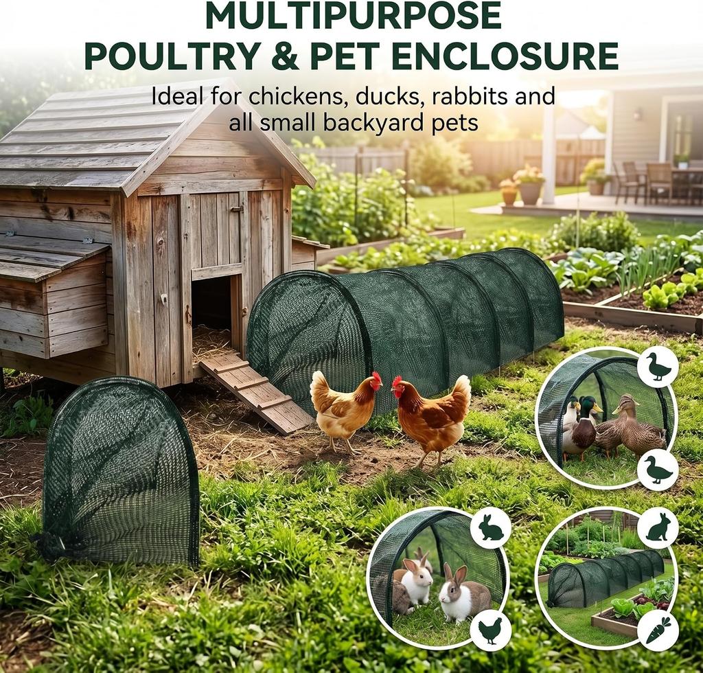 Foldable Chicken Run Tunnel 120x18x18 Inch Portable Expandable Outdoor Tractor with Cover for Ducks Geese Rabbits Chicks Quail Small Pets In Backyard