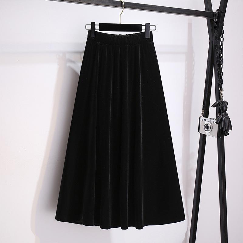 Plus Size High Waist Velvet A-Line Skirt for Women - Spring/Autumn Elastic Waist Slimming Long Skirt