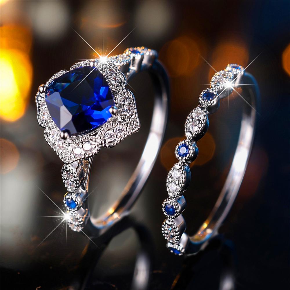 2 ks Dámský Prstenový Set s Modrým Zirkonovým Kamenem Vintage Svatební Pásky Party Šperky Pro Ženy