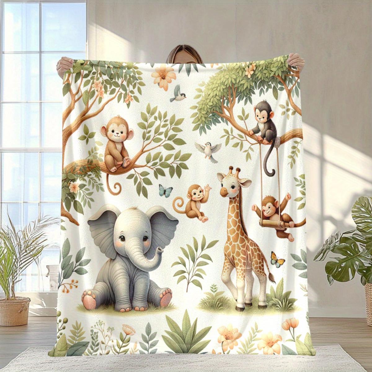 1 Super Cute Cartoon Animal Flannel Blanket - Soft, warm, and cozy parabolic design with a lively jungle pattern, perfect for 130x150cm