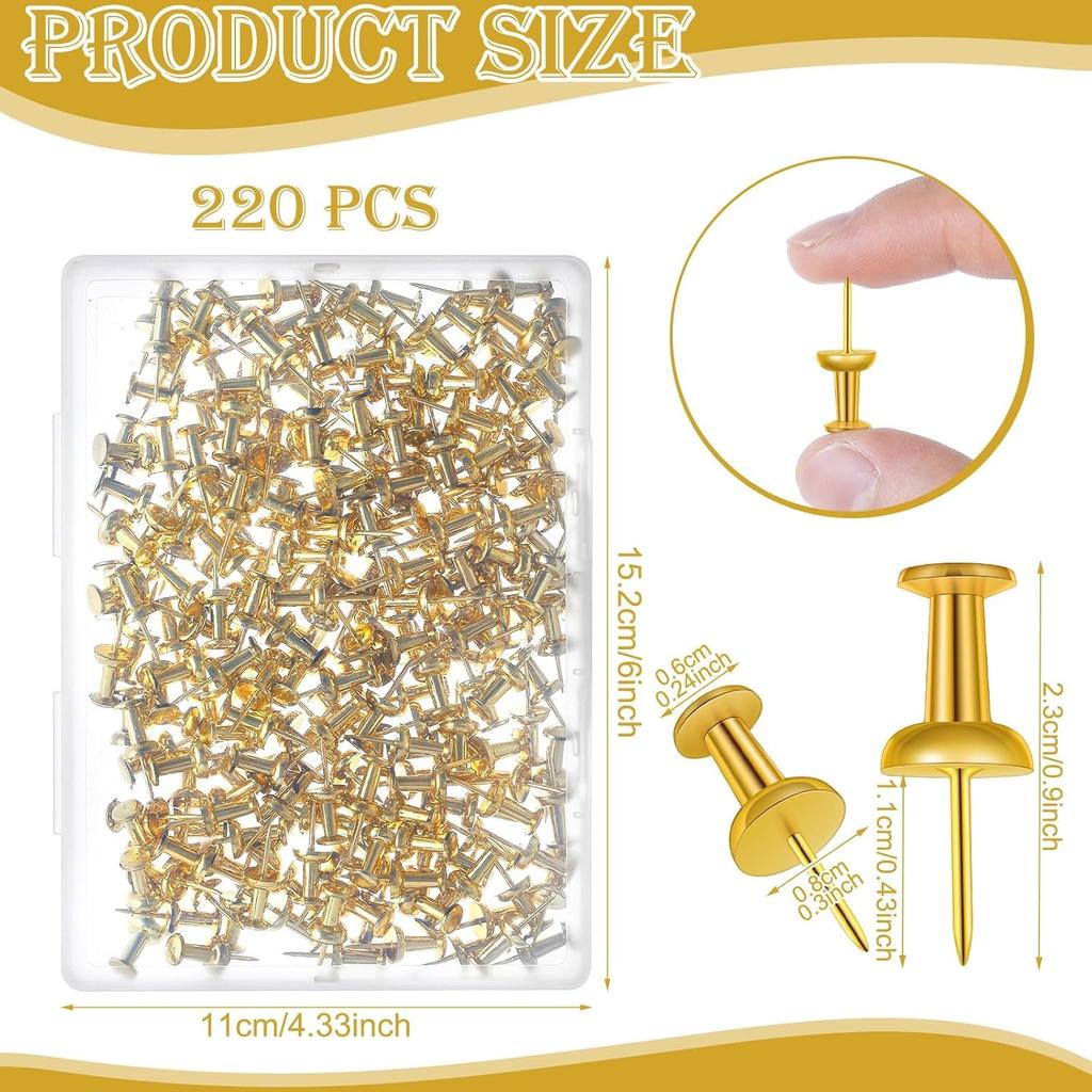 220 Count Gold Push P, Standard Plastic Head Steel Point Gold Thumb Tacks Decorative Push P for Cork Board Wall Hanging