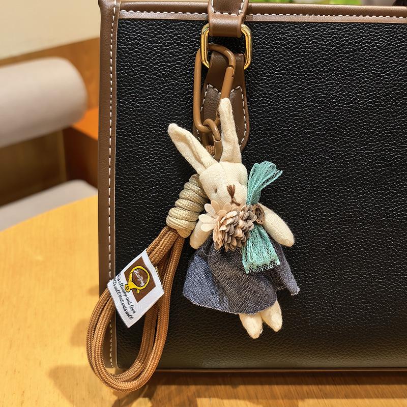 Cute Fabric Bunny Bag Charm, Handmade Plush Rabbit Keychain with Flower Dress & Braided Rope