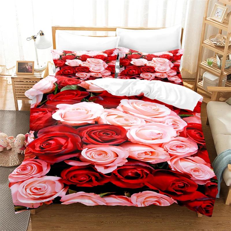 Red Rose Queen Size Duvet Cover 220X240 Bedding Set 3Pcs/2Pcs With Pillowcase Flower Quilt Cover For Double Bed Single Beds