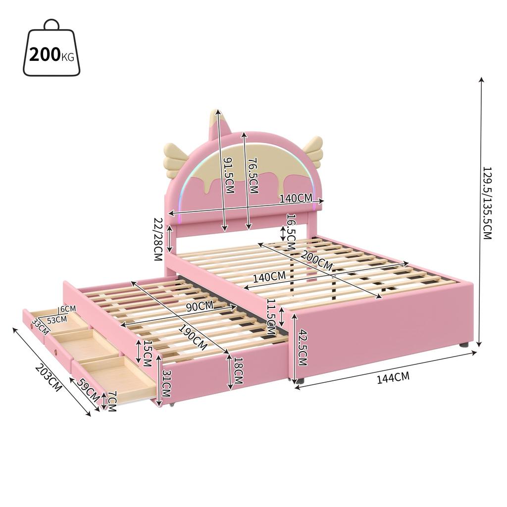 Kinderbett 140x200cm mit LED-Licht, Schlafsofa Tagesbett mit Ausziehbett & Schubladen, Ohne Matratze