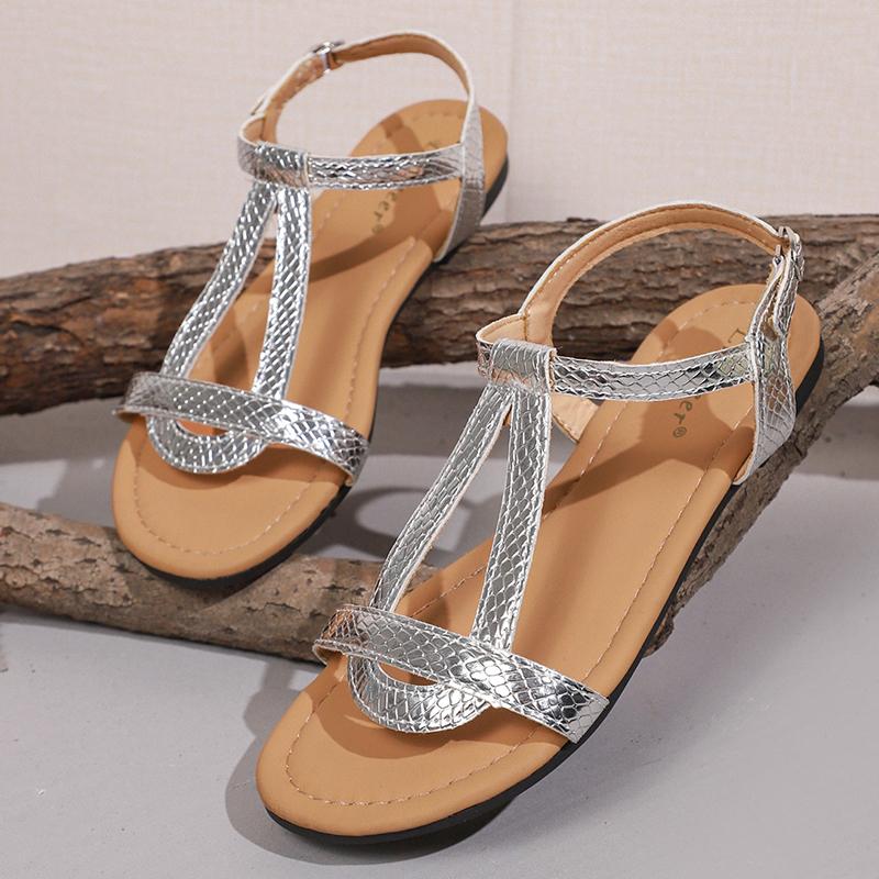 Fashion Silver Snake Pattern Flat Sandals Women Summer Light Comfort Non Slip Casual Shoes Plus Size Ankle Strap Platform Beach Shoes