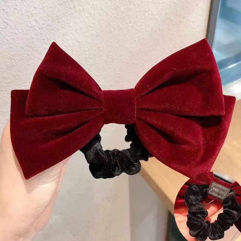 2025 Autumn/Winter Velvet Bow Hair Tie - Burgundy Women's Hair Accessory