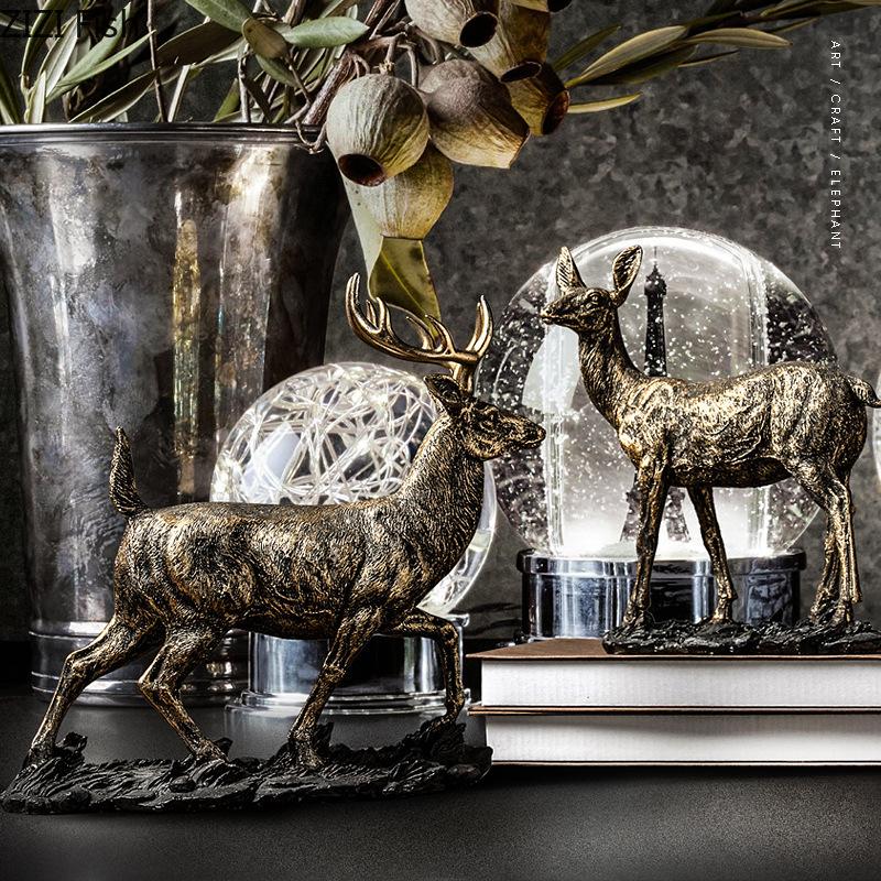 Retro Golden Deer Statue Desk Decoration Creative Crafts Deer Ornaments Artwork Animal Resin Sculpture Room Aesthetic Decor
