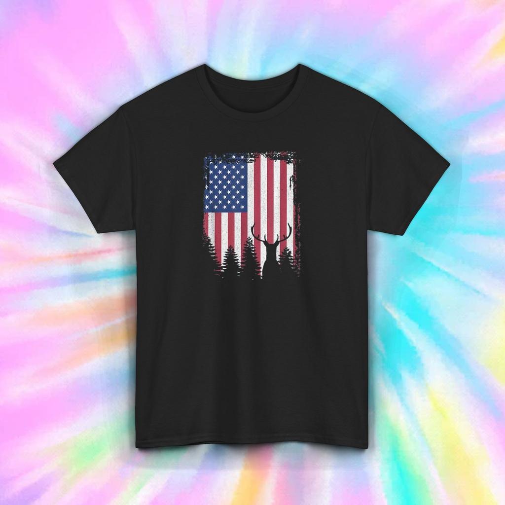 Patriotic Deer Hunting USA Flag Graphic Outdoor Nature T-Shirt S-5XL