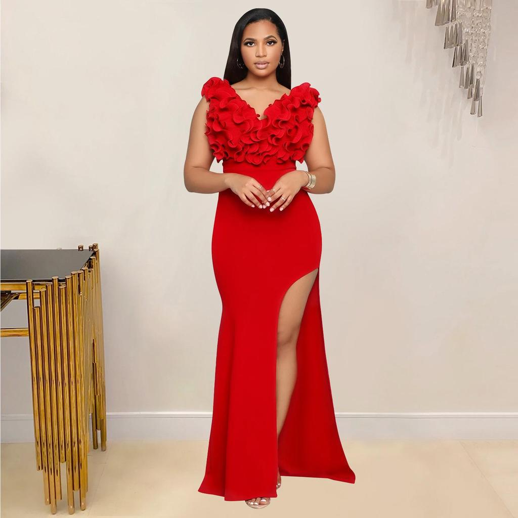 V-neck Sleeveless Long Split Dress - European & American Fashion Women's Clothing (C7013)