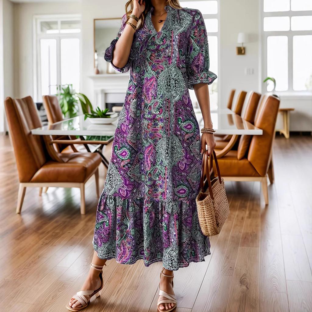 Women's Ruffled Dress Ethnic Style Printed Short-sleeved V-neck Loose Plus Size Long Dress
