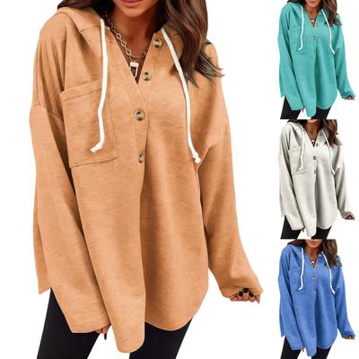 Women's Casual V-neck Hooded Sweatshirt With Pockets, Pullover, Loose Fit, Color, Long-sleeved Outerwear