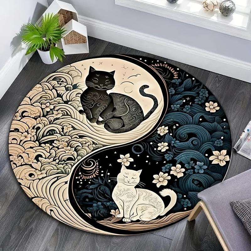 Yin Yang Cat Design Round Area Rug - Soft Crystal Velvet, Machine Washable, Polyester, Indoor Use for Living Room & Bedroom Decor, Holiday Themes