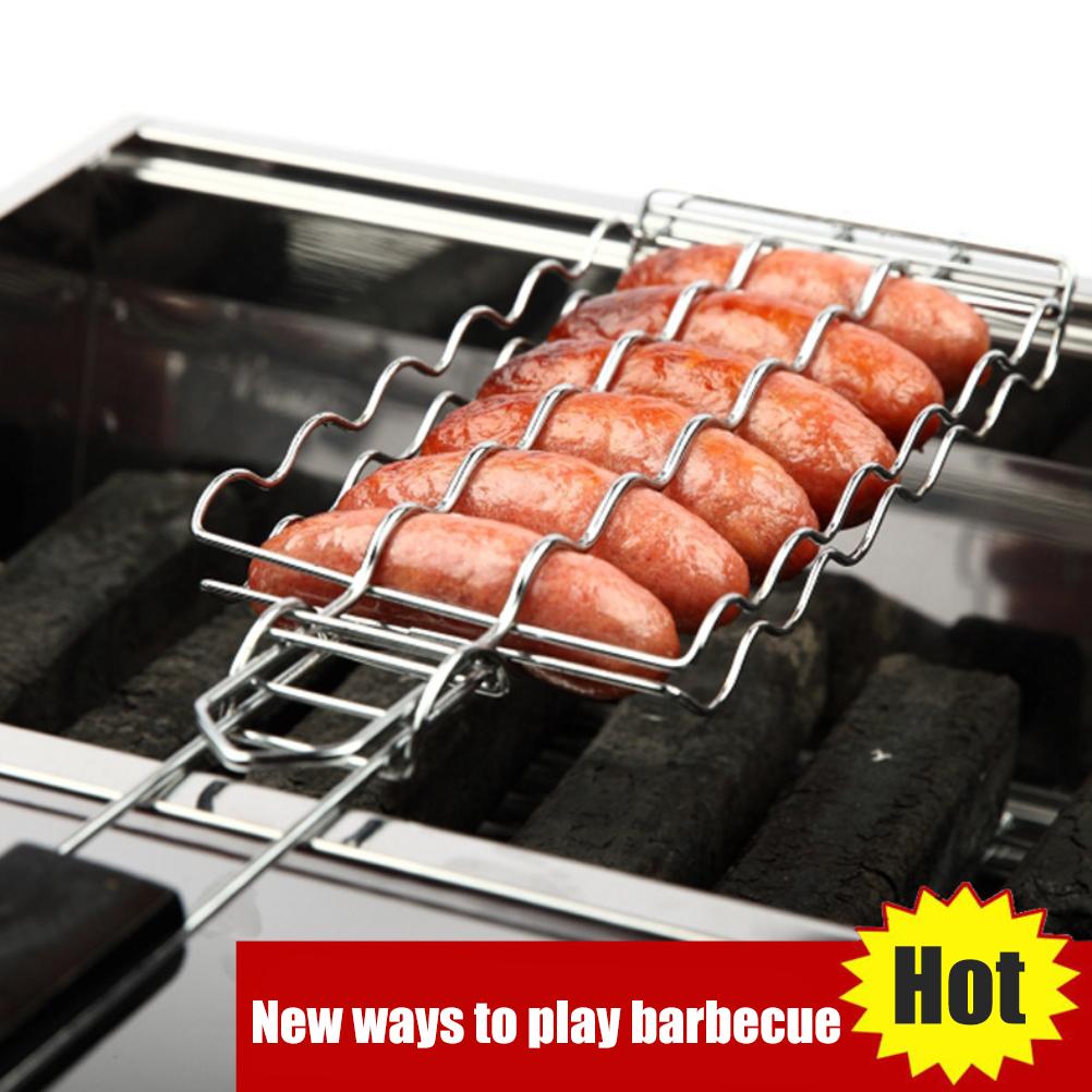 Barbecue Grilling Basket 6 Hot Dogs Metal Barbecue Sausage Rack Grill Mesh Clip Holder Picnic