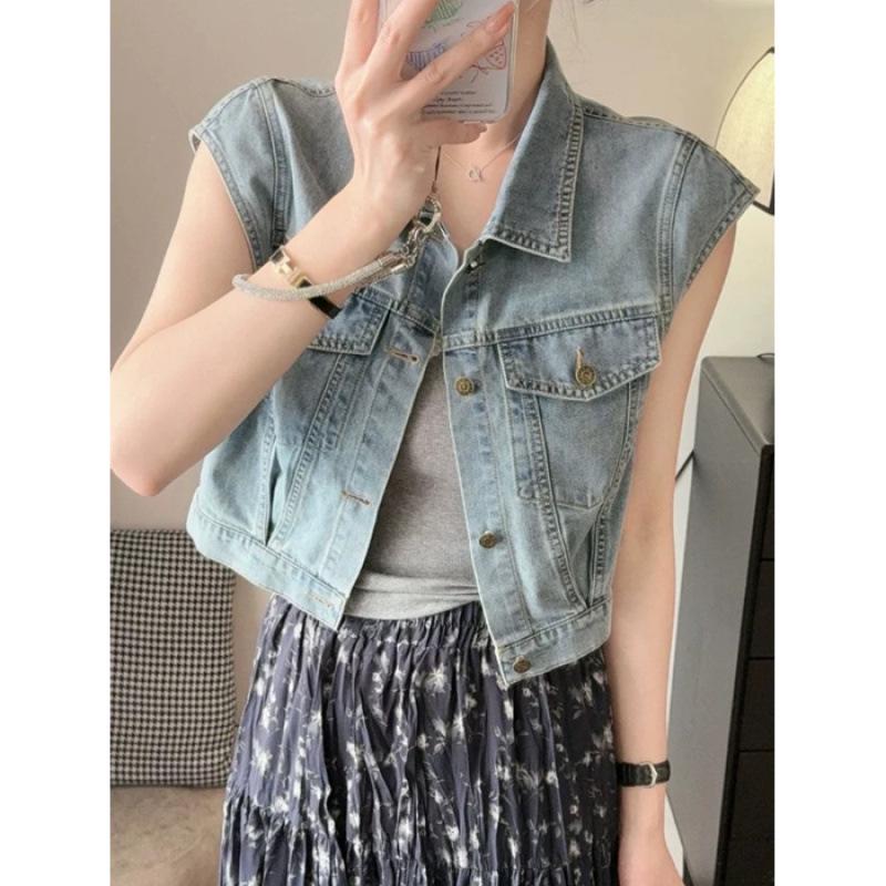 Women s Petite Retro Blue Denim Vest – Early Summer Layering Gilet Top Large