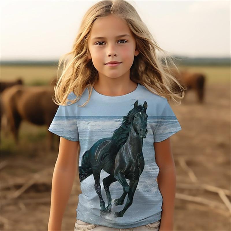 Cat Kid T-Shirt for Children Tops Short Sleeve Horse Summer Kawaii Fashion Tee Girls Clothes from 8 to 14 Years Old Child Tshirt