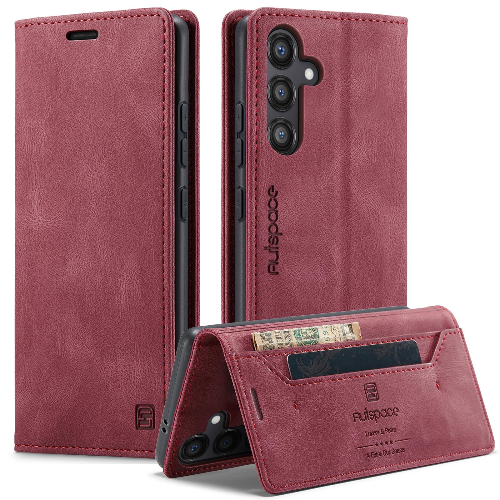 

For Samsung Galaxy S24 Wallet Case AUTSPACE A01 Leather Stand Cover with RFID Blocking Card Holder Red