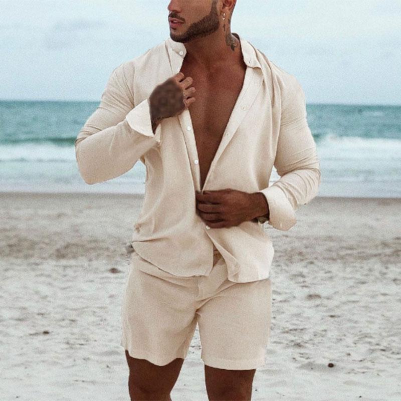 Men's Hawaiian Suit Summer Solid Color Stand Collar Long Sleeve Shirt Beach Shorts Streetwear High Quality 2-Piece Set