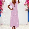 Women Plus Size V Neck Short Sleeve Printed Light Purple Maxi Dress