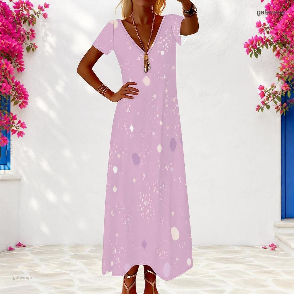 Women Plus Size V Neck Short Sleeve Printed Light Purple Maxi Dress