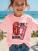Summer Children's Round Neck Pure Cotton Short-sleeved Casual T-shirt with "67" Number Heart Cartoon Print, Pink Top for Girls.