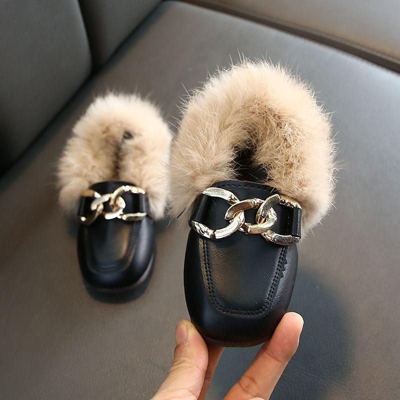2025 autumn and winter new girls fluffy shoes baby velvet Doudou princess shoes soft sole children's rabbit fur warm cotton shoes