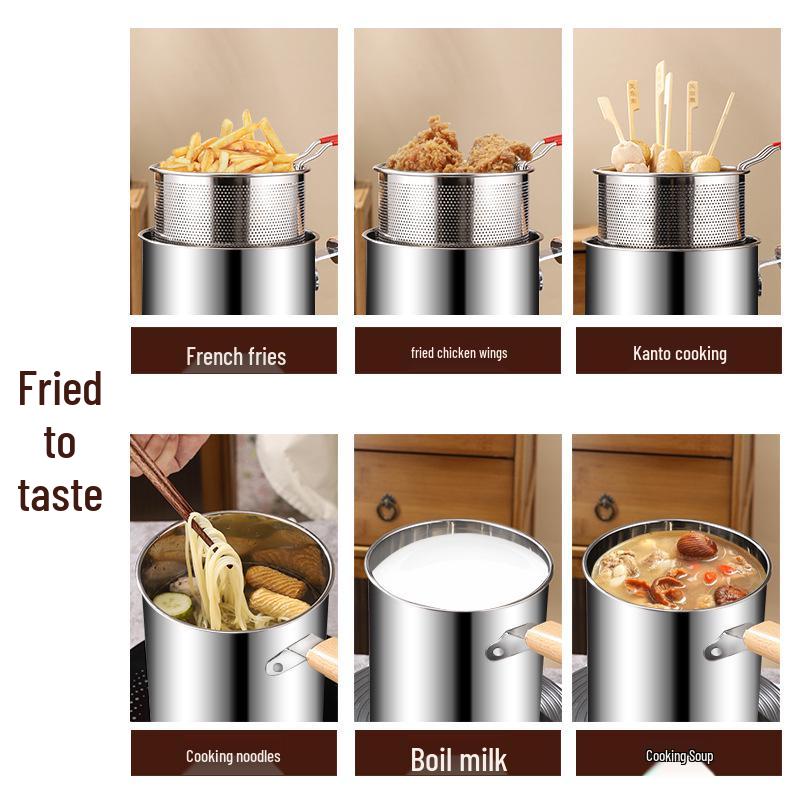 304 Stainless Steel Milk and Fry Pot with Wooden Handle and Filter Basket, Induction Compatible, Oil-Saving Deep Pot for Soup and Skewers.
