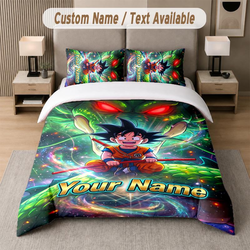 Dragon Ball 3Pcs Bedding Set, Personalized Custom Name Text, 1 Duvet Cover & 2 Pillowcases For Bedroom