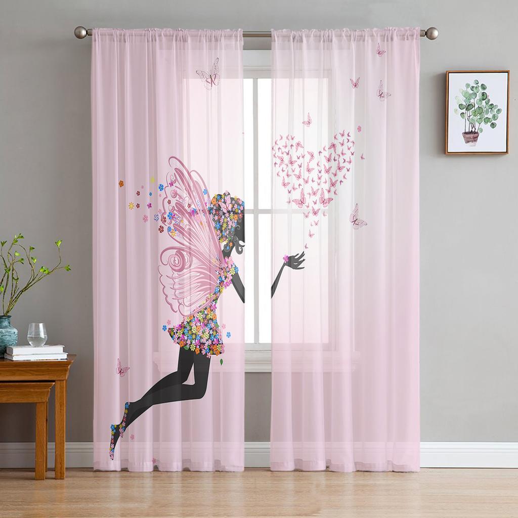 Cartoon Butterfly Flower Fairy Girl Pink White Chiffon Sheer Curtains Living Room Bedroom Decoration Window Voiles Tulle Curtain