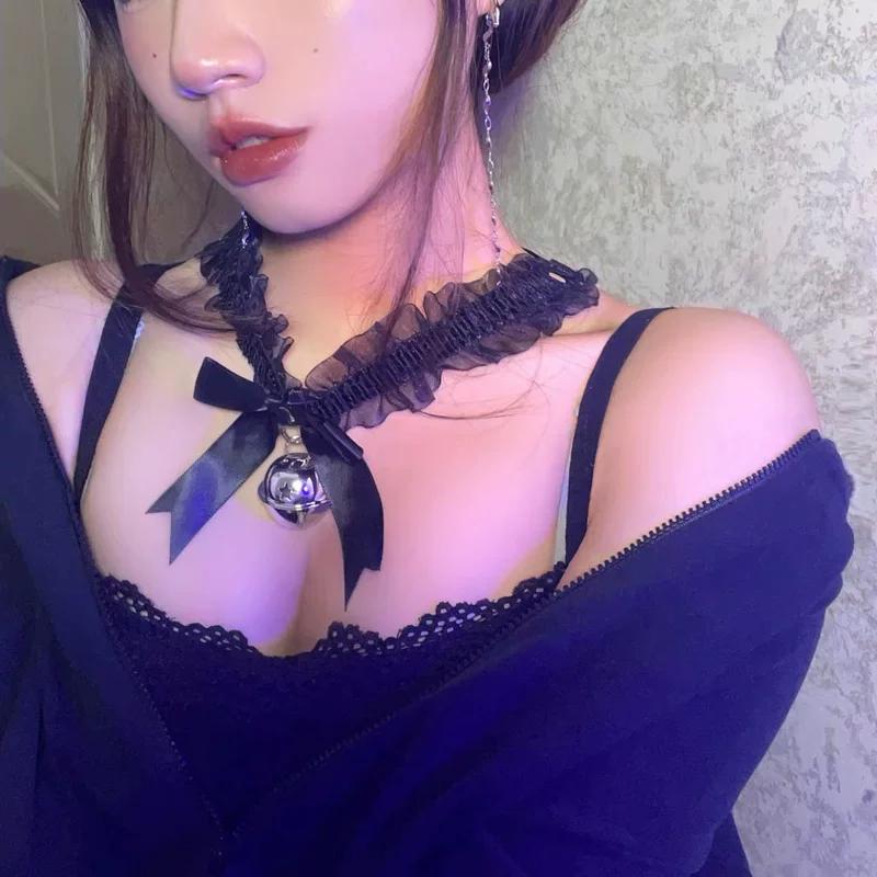 Lace Bell Choker Neck Collar with Wristband, Cute Cat Ear Maid Style Clavicle Chain Fashion Accessories
