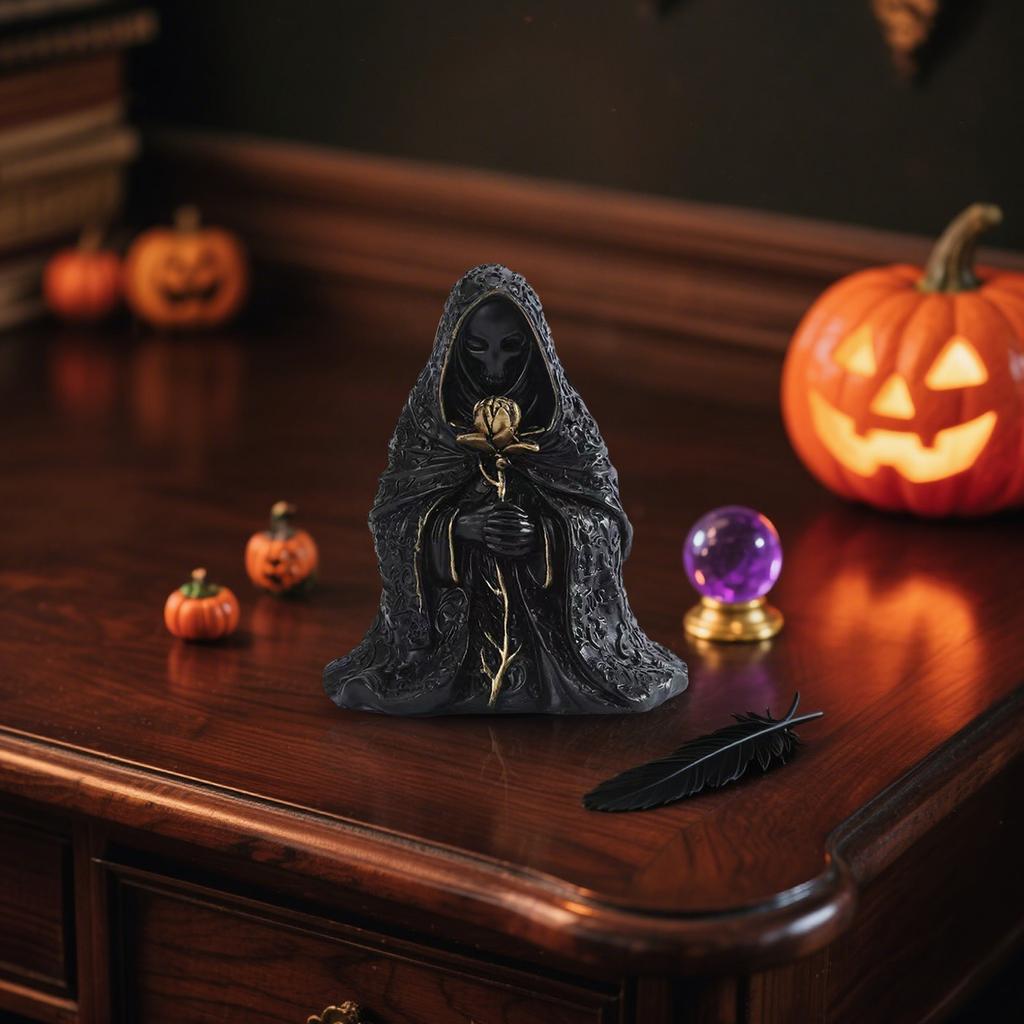 Black Resin Grim Figurine Holding Golden Flower - Gothic Home Decoration