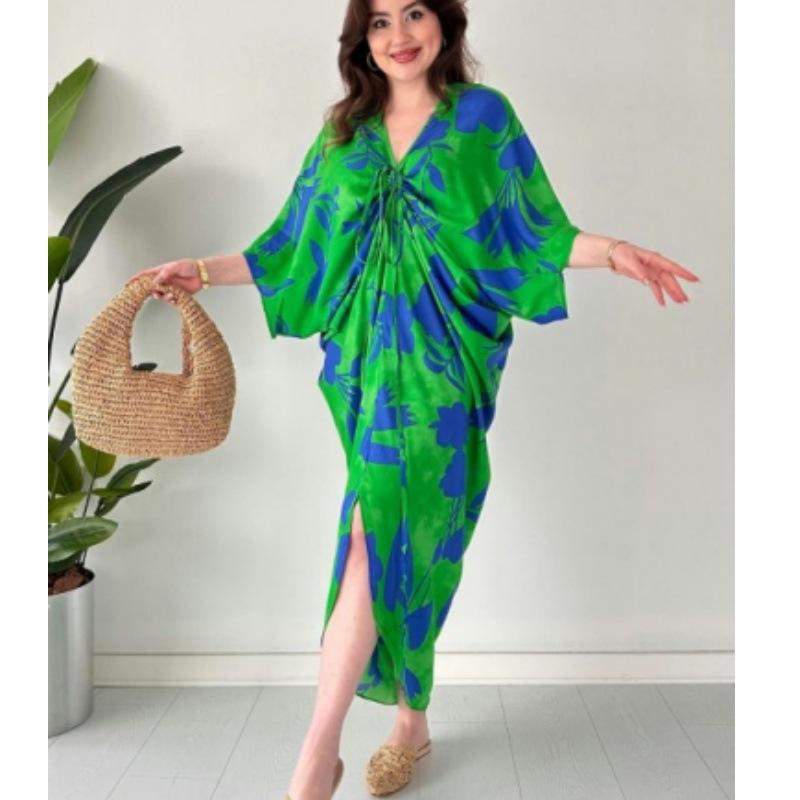 European and American spot new loose bat sleeve fashion casual printing drawstring irregular women's dress
