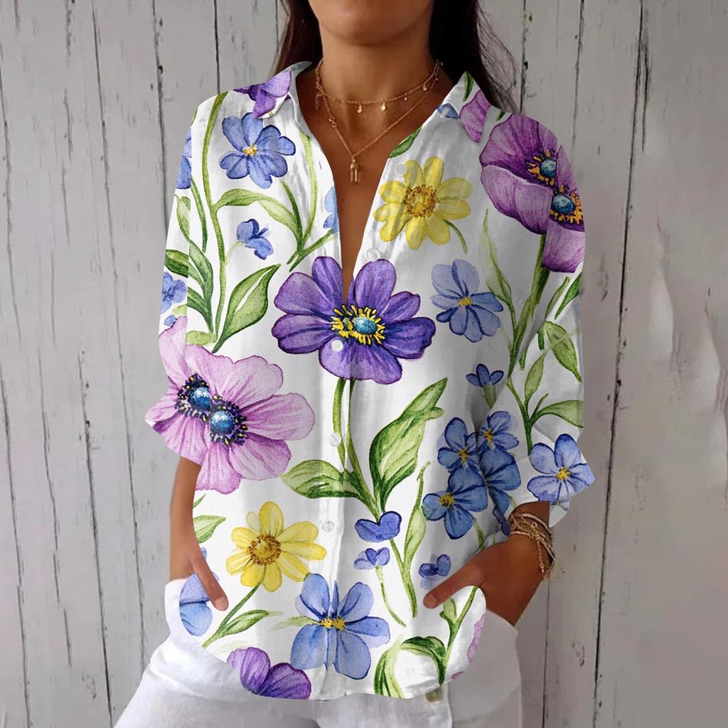 Women's Fashion 3/4 Sleeve Casual Lapel Back Tie- Floral Print T-Shirt Top