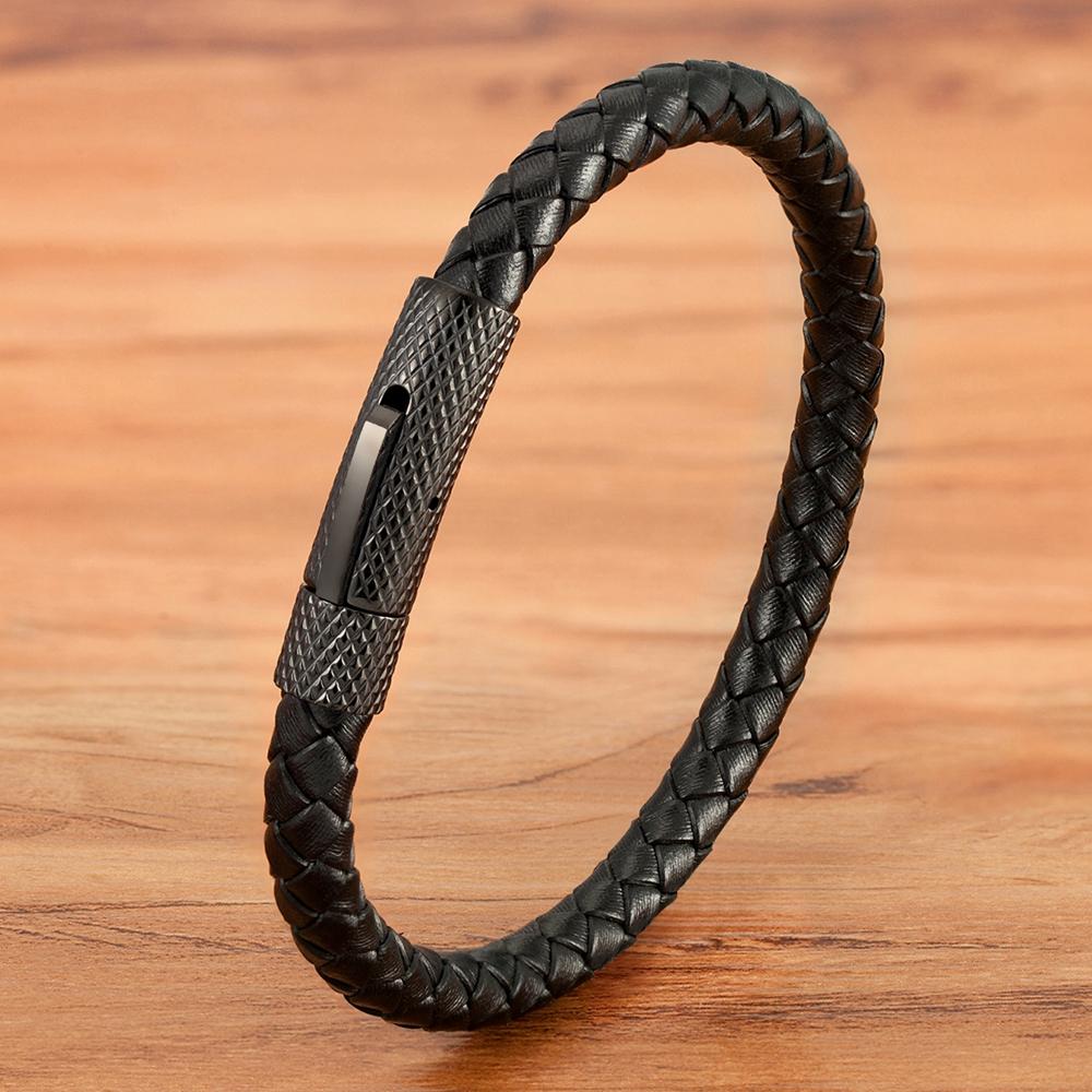 QIKU Fashion Mens Braided Leather Bracelet Black/Brown/Red Stainless Steel Retro Simple Bangle Jewelry Christmas Gift
