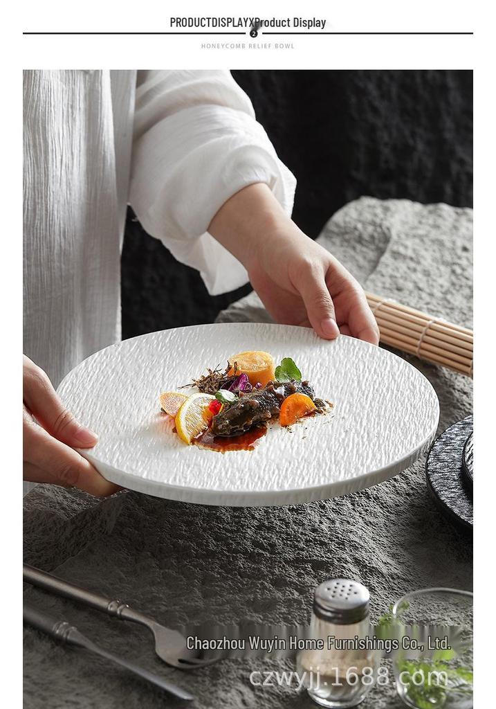 Large Round Ceramic Plate with Stone Pattern - Perfect for Steaks, Cakes, Desserts, and Sushi
