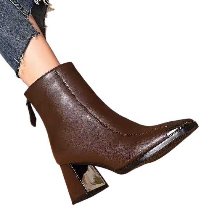 Square head British Martin boots women's versatile autumn and winter French retro high-heeled short boots thick heel new French retro
